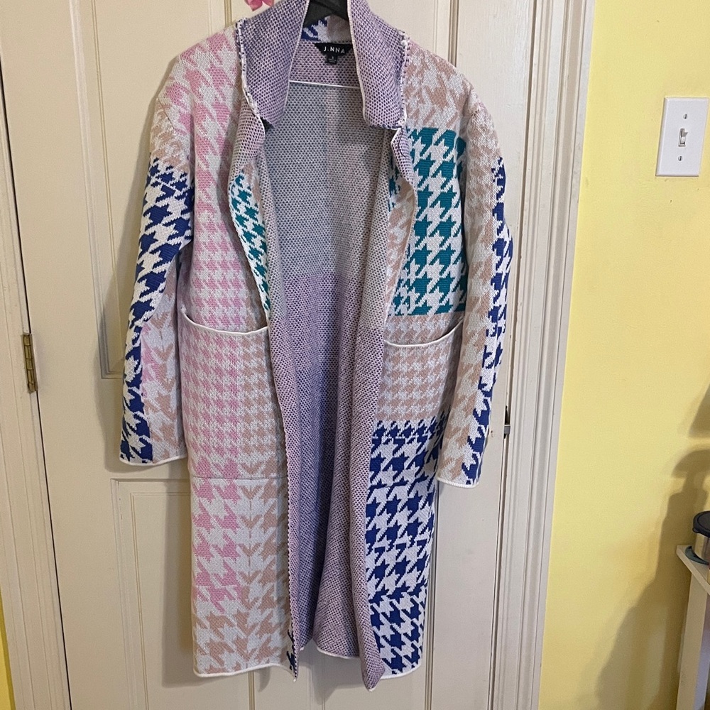 J. NNA Colorful Houndstooth Women's Long Cardigan